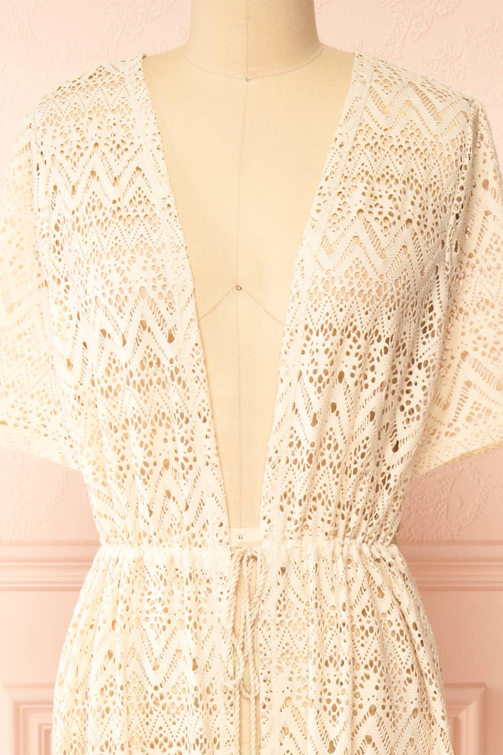 Ramira Beige Long Crochet Kimono w/ Short Sleeves | Boutique 1861 front