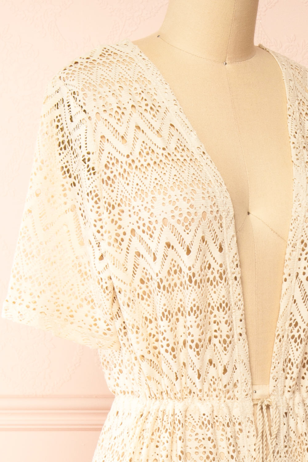 Ramira Beige Long Crochet Kimono w/ Short Sleeves | Boutique 1861 side