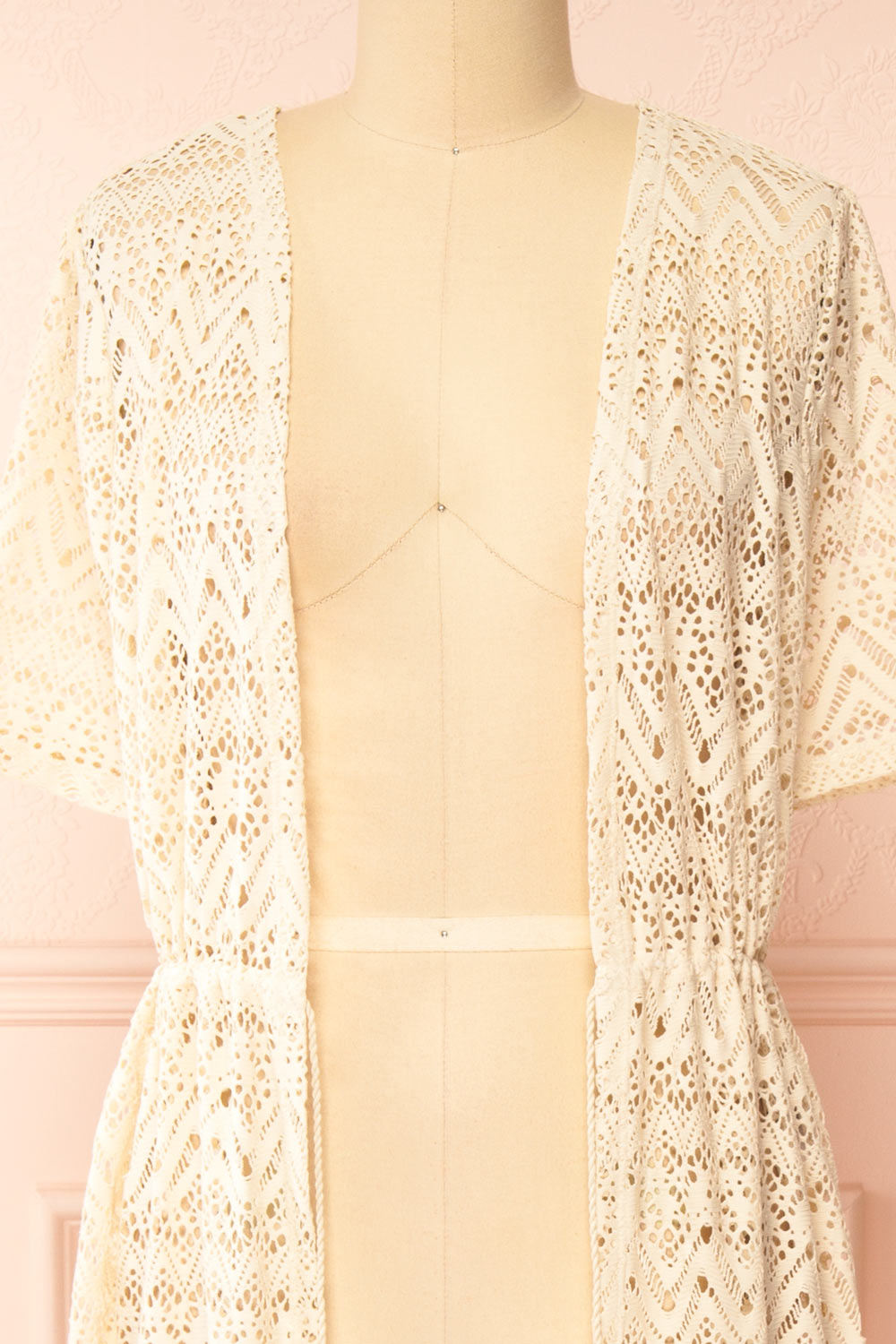 Ramira Beige Long Crochet Kimono w/ Short Sleeves | Boutique 1861 open