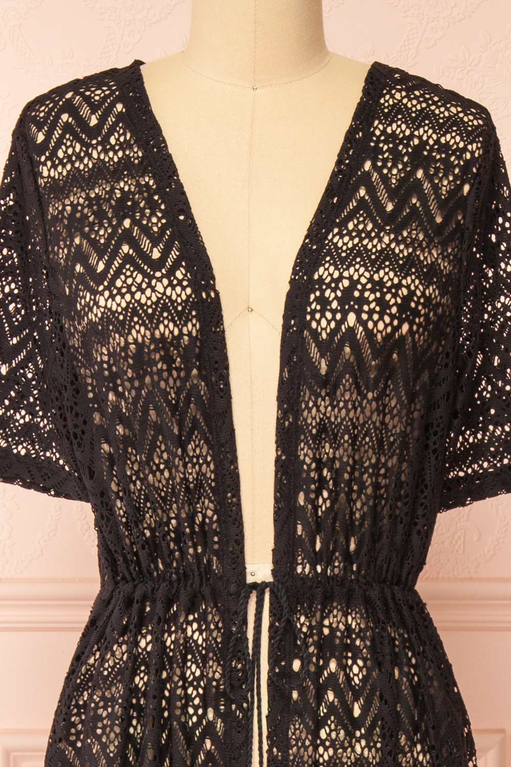 Ramira Black Long Crochet Kimono w/ Short Sleeves | Boutique 1861 front