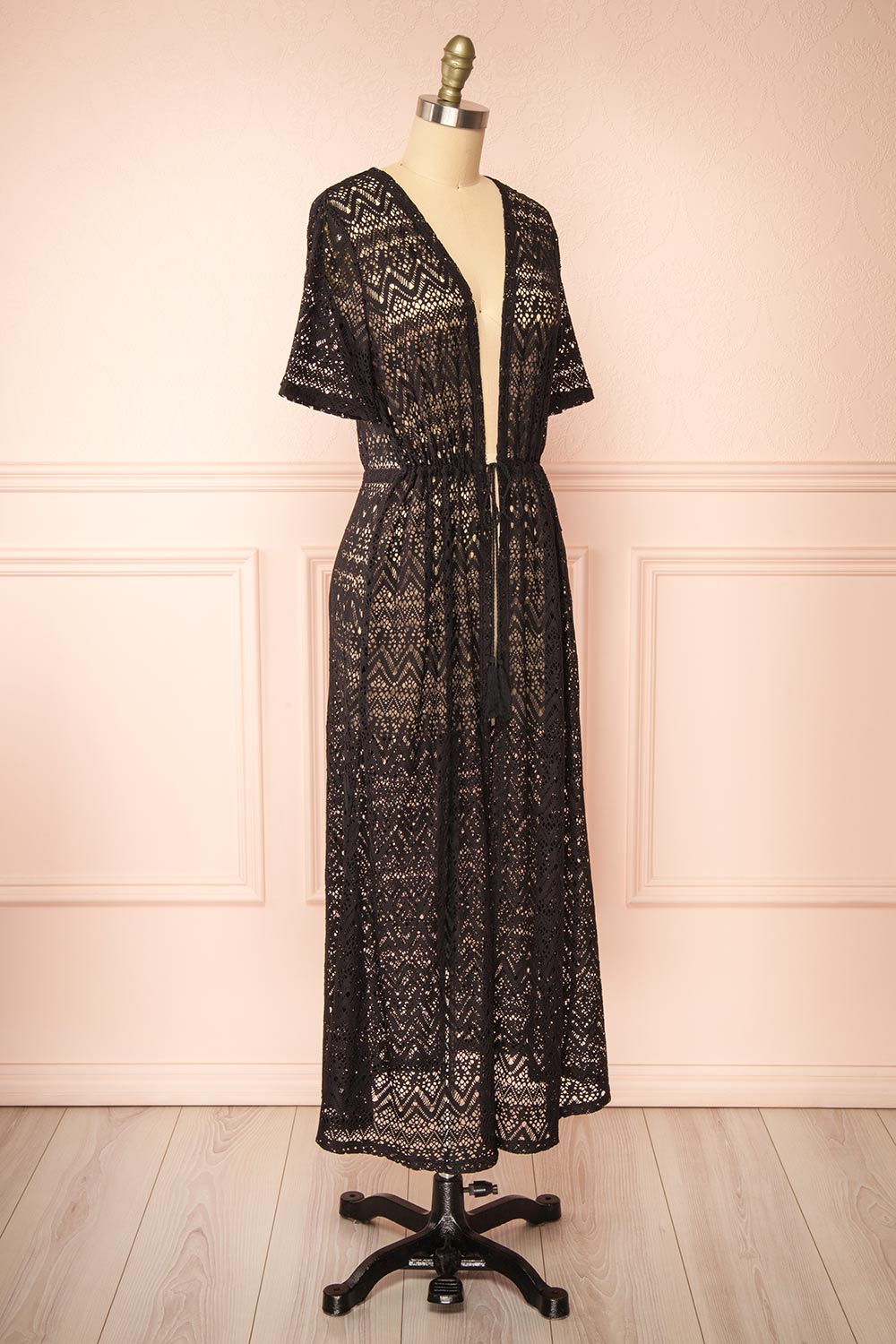 Ramira Black Long Crochet Kimono w/ Short Sleeves | Boutique 1861 side view 