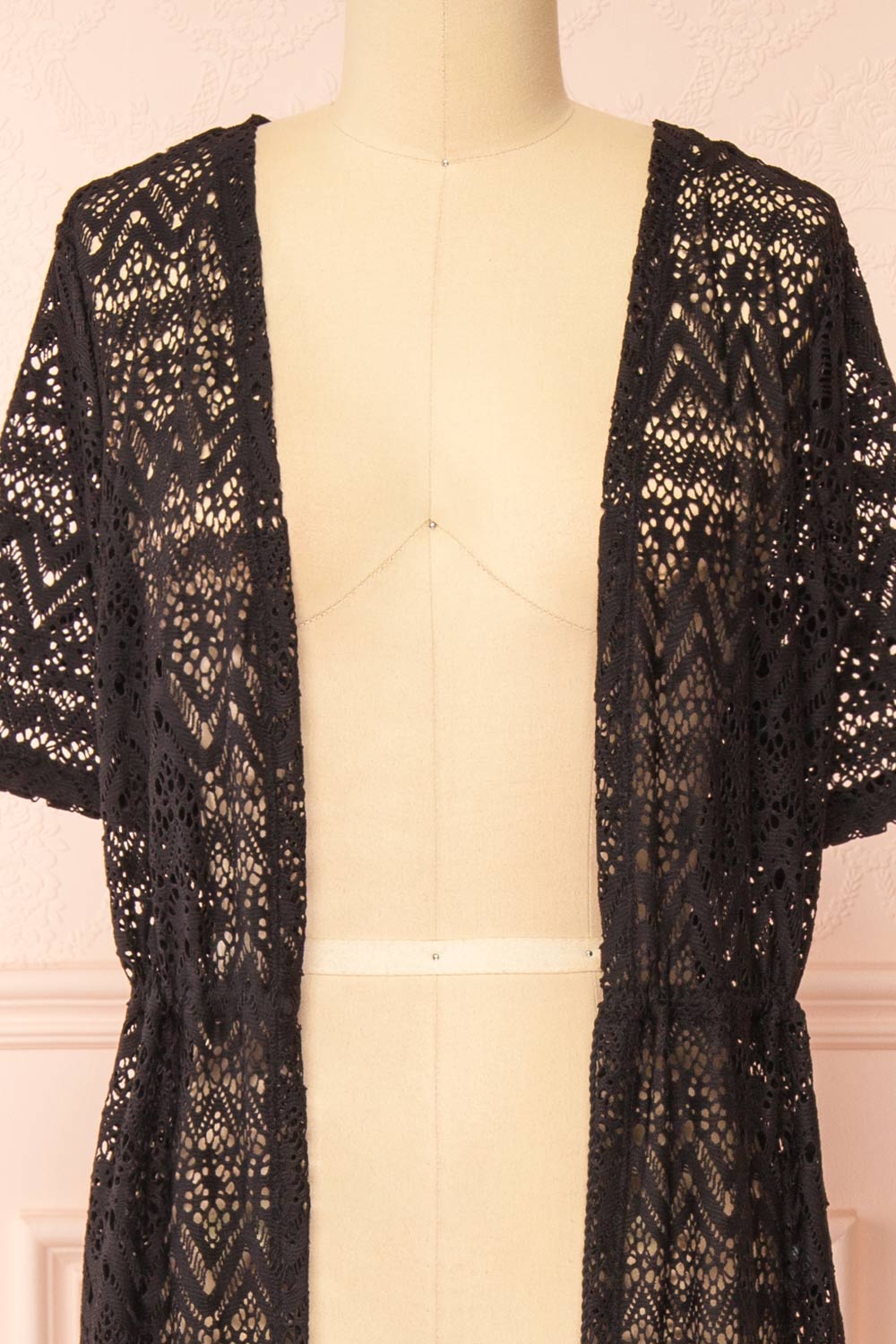 Ramira Black Long Crochet Kimono w/ Short Sleeves | Boutique 1861 open