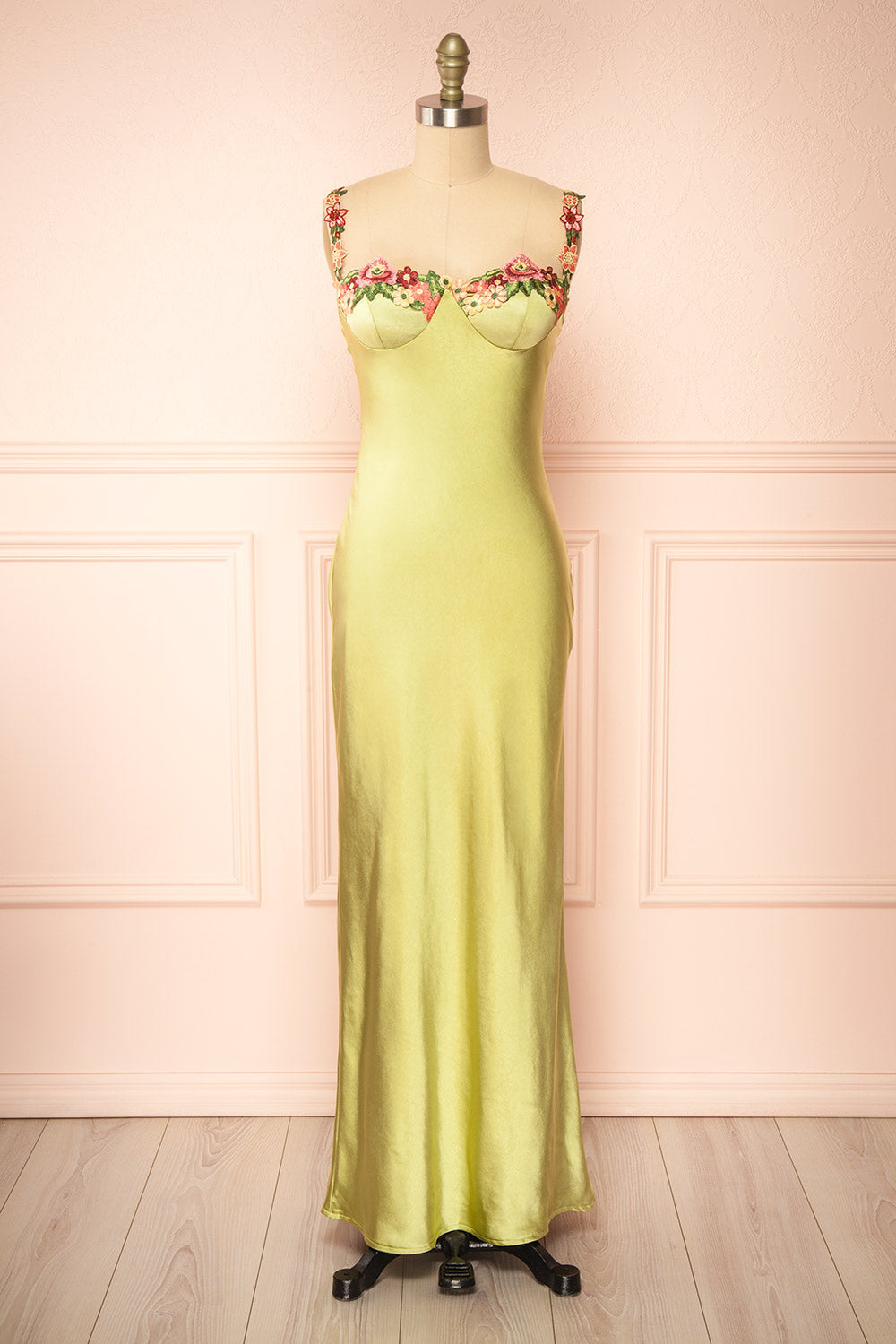 Ramona Sage Slip Dress w/ Floral Embroidery