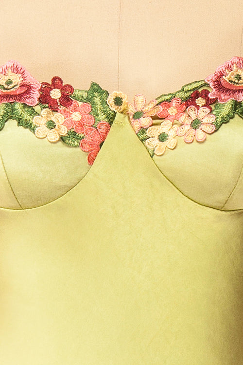 Garbo Ludovica Green Floral Slip Dress in Silk Jacquard