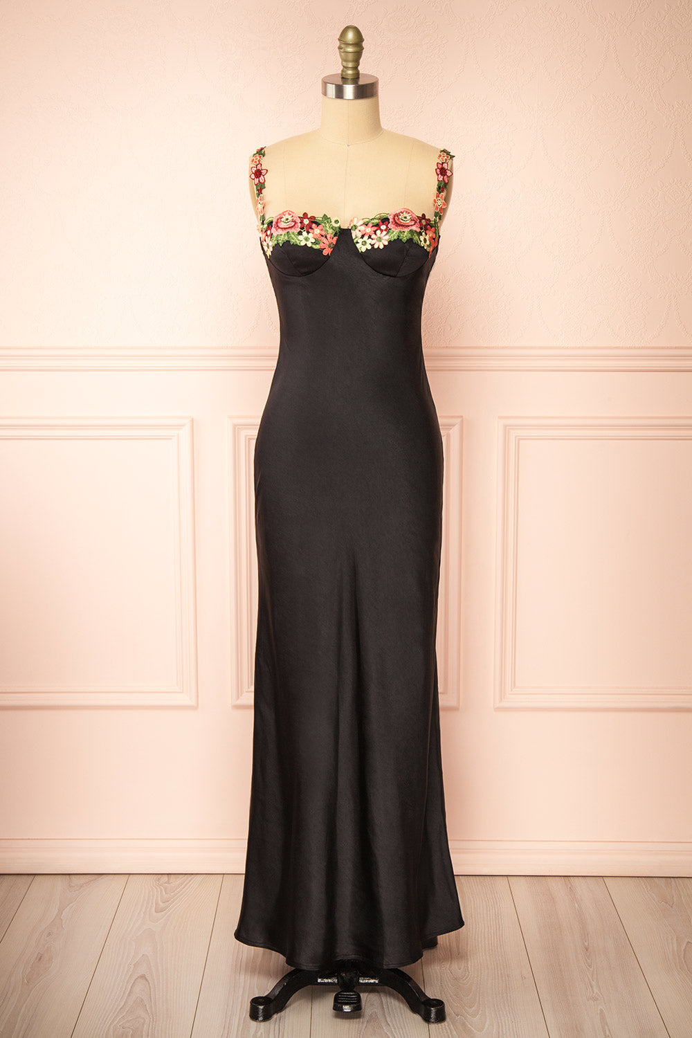 Ramona Black Slip Dress w/ Floral Embroidery | Boutique 1861 front view