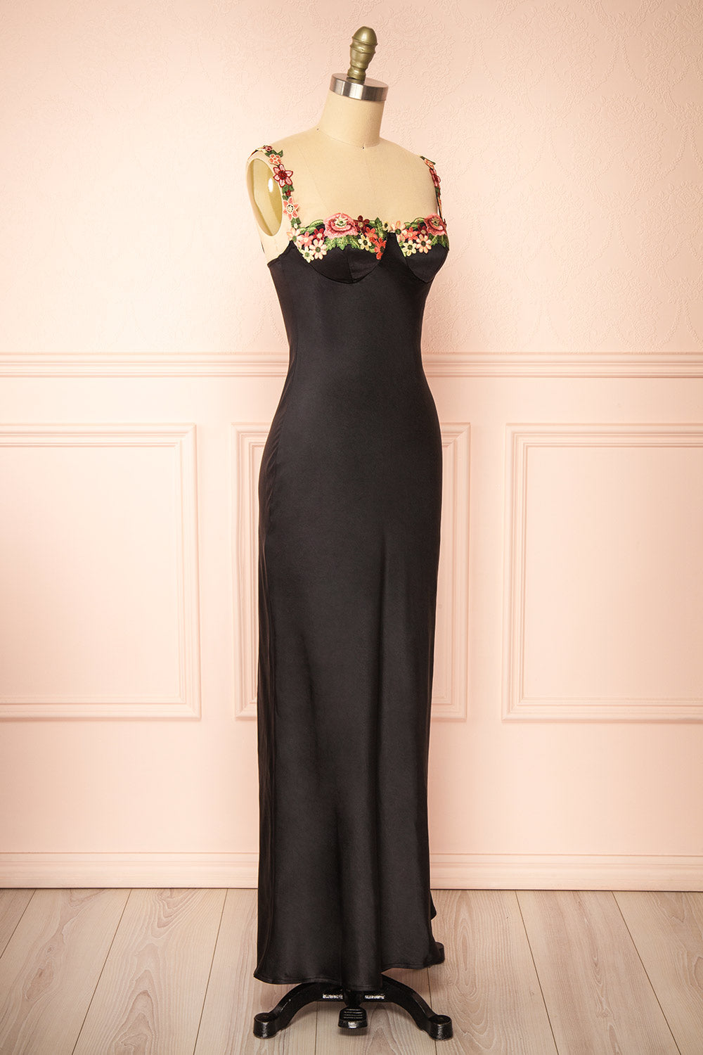 Ramona Black Slip Dress w/ Floral Embroidery | Boutique 1861 side view