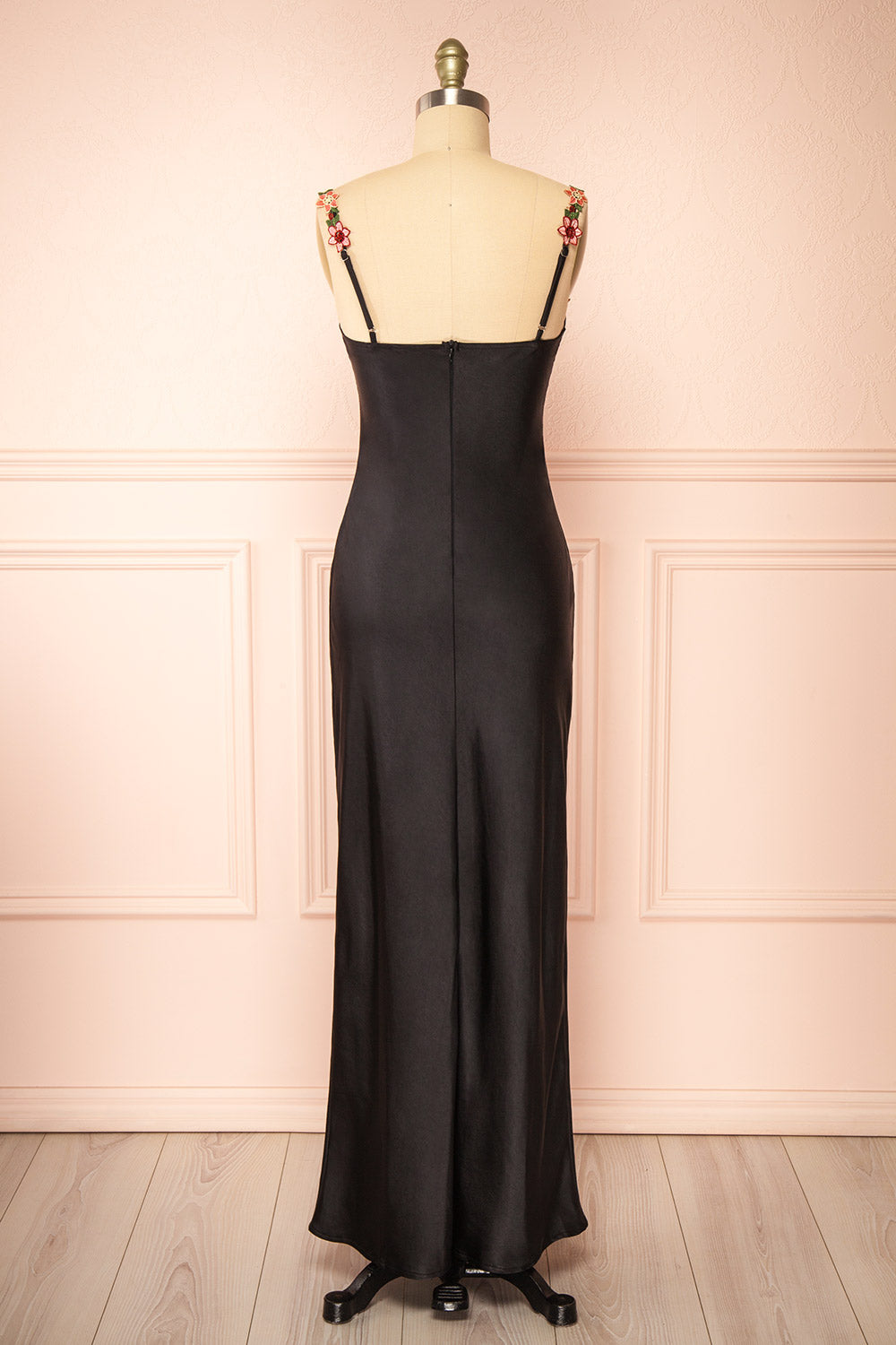 Ramona Black Slip Dress w/ Floral Embroidery | Boutique 1861 back view
