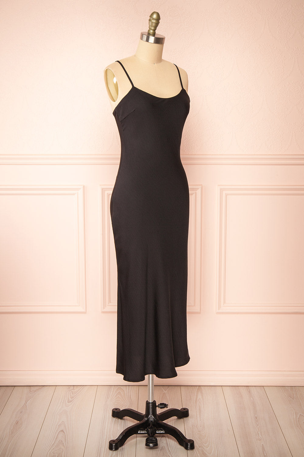 Rebby Black Silky Fitted Midi Dress | Boutique 1861 side view