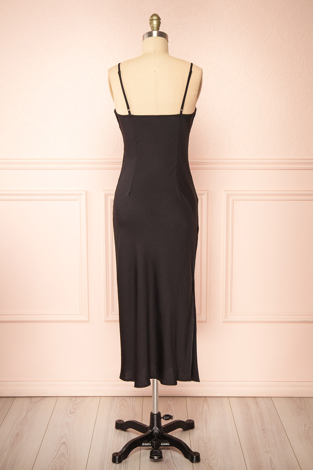 Rebby Black Silky Fitted Midi Dress | Boutique 1861 back view