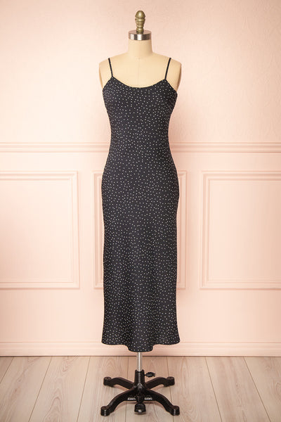 Rebby Polka Dot Black Silky Fitted Midi Dress | Boutique 1861 front view