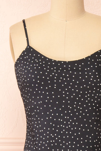 Rebby Polka Dot Black Silky Fitted Midi Dress | Boutique 1861 front