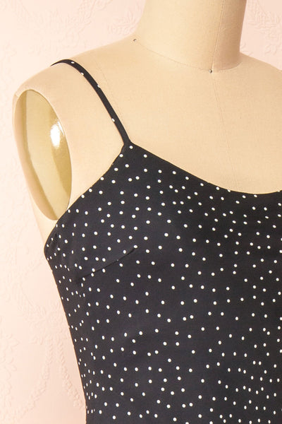 Rebby Polka Dot Black Silky Fitted Midi Dress | Boutique 1861 side