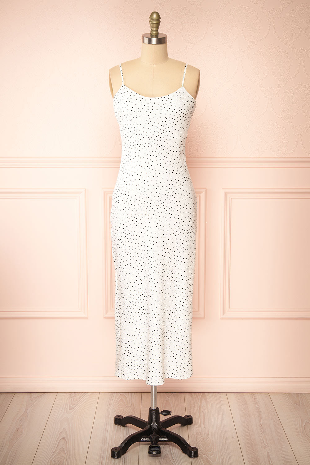 Rebby Polka Dot White Silky Fitted Midi Dress | Boutique 1861 front view