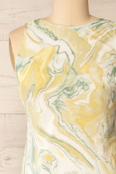 Reims Green Marble Pattern Midi Dress | La petite garçonne front close-up