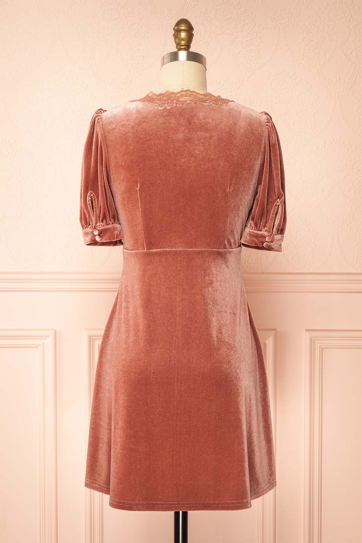back view of Rejeane Mauve Velvet Puff Sleeve Mini Dress with Lace Trim and Front Bow at Boutique 1861