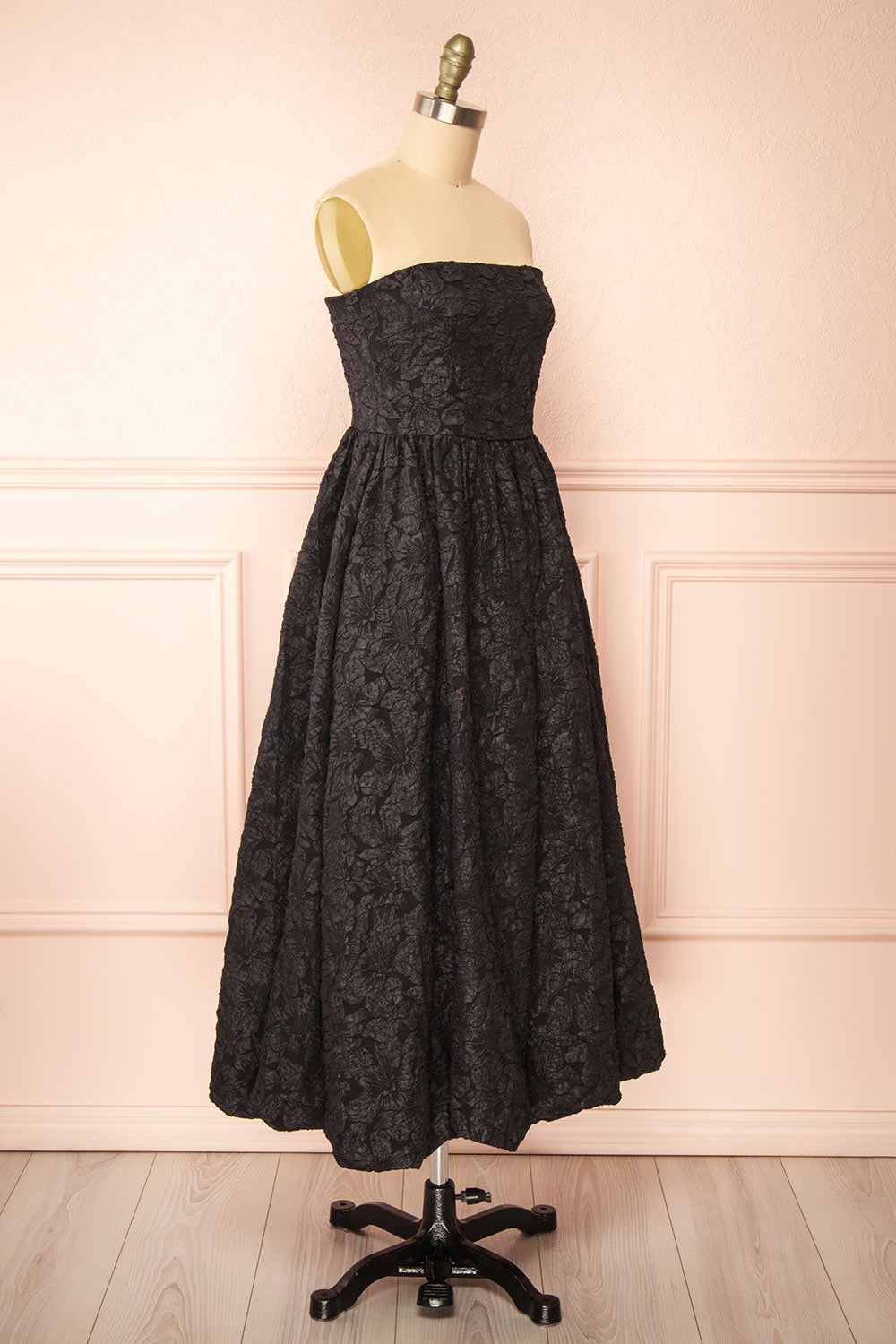 Reyna Black Long Textured Floral Dress | Boutique 1861 side view