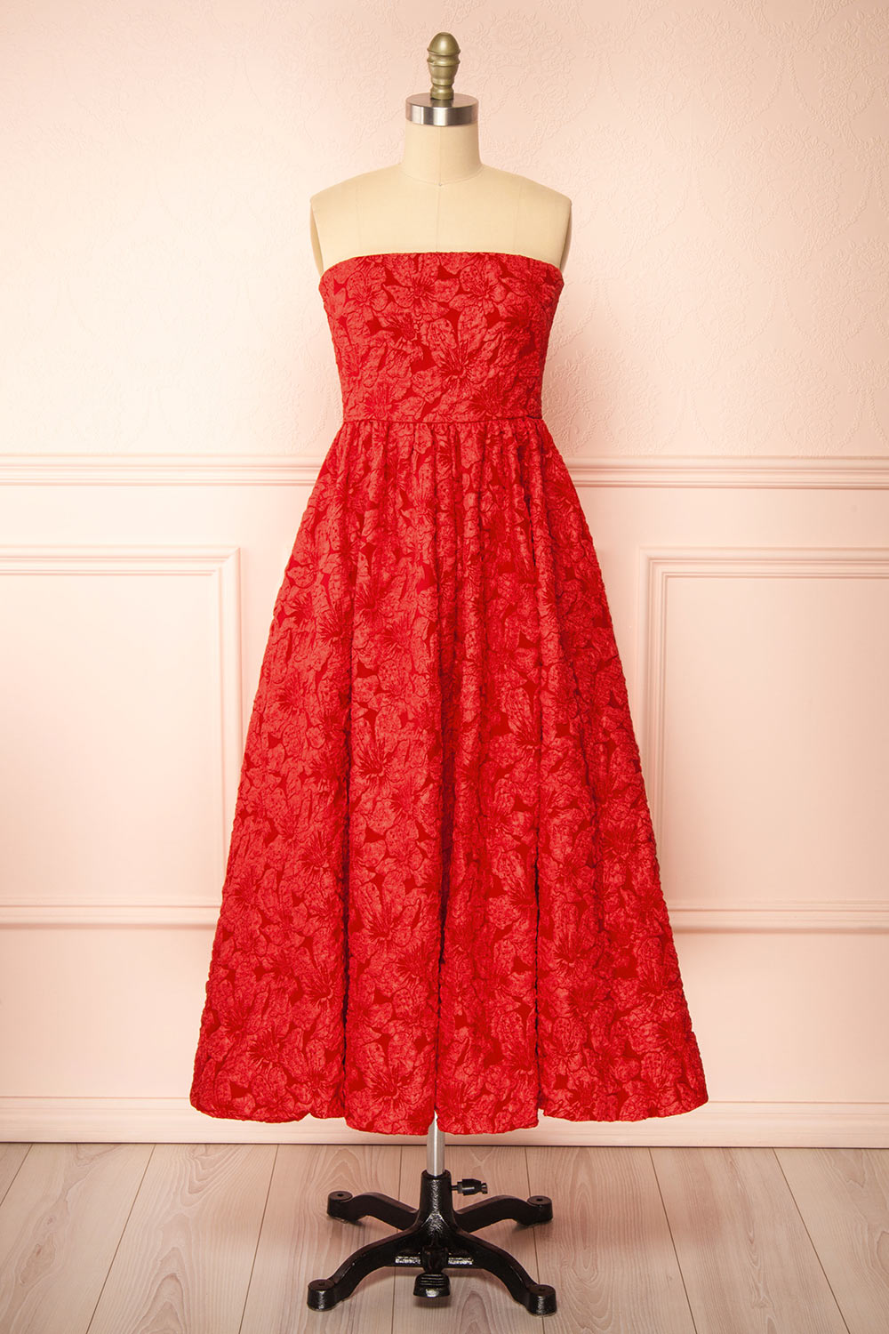 Reyna Red Long Textured Floral Dress | Boutique 1861 front view