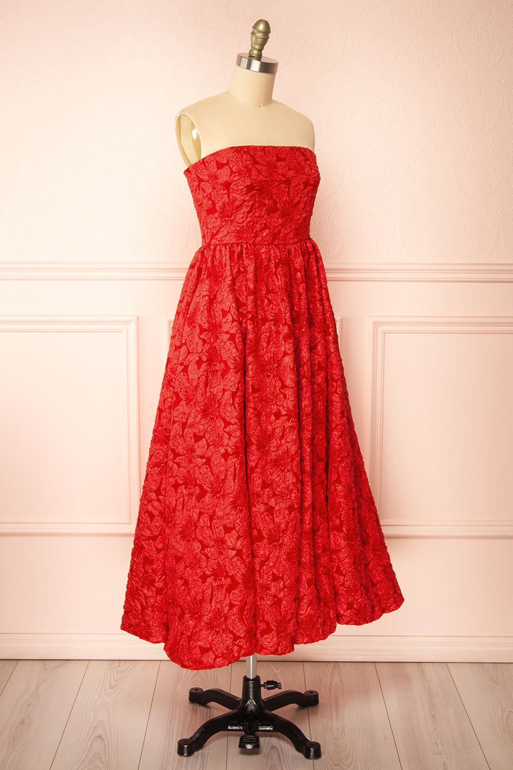 Reyna Red Long Textured Floral Dress | Boutique 1861 side