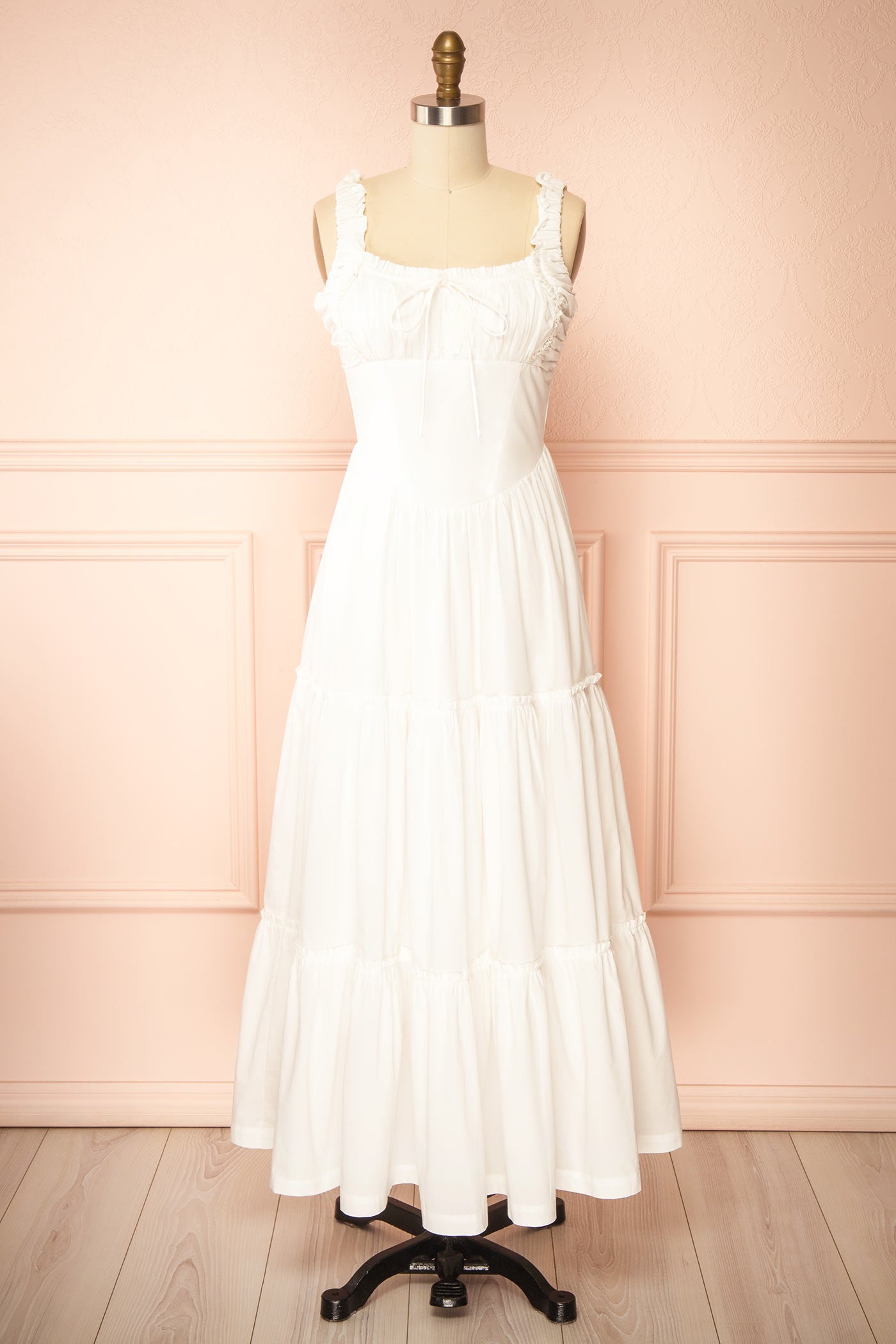 Frontview of Rhianon Ivory Maxi A-Line Dress on a mannequin from boutique 1861