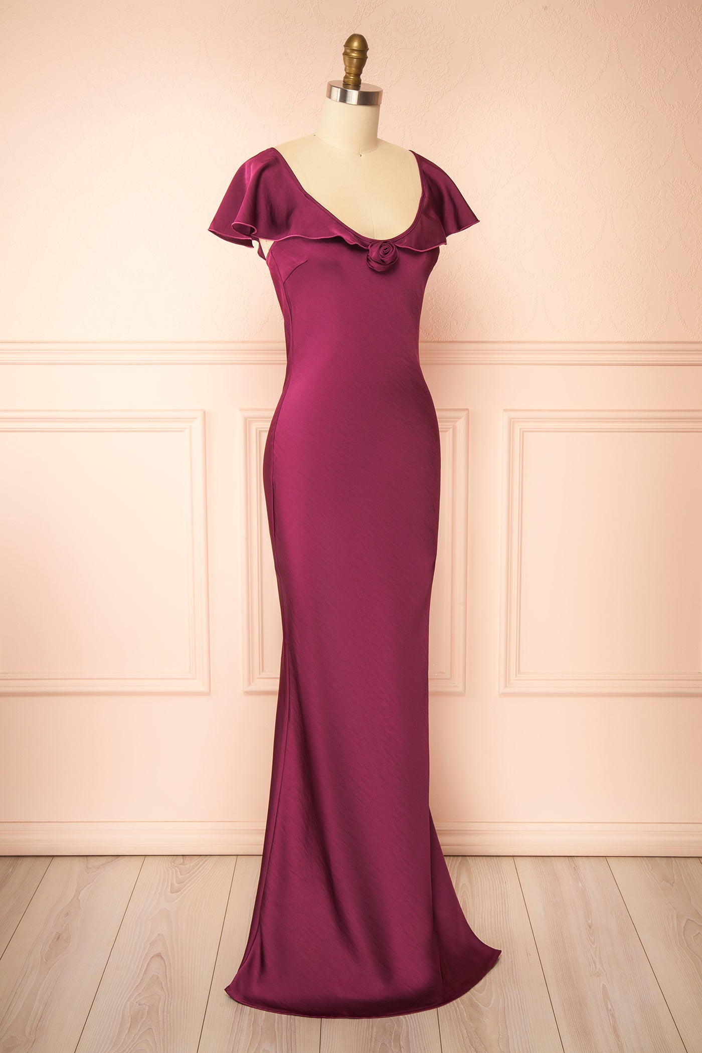 Profile view Rhiar Burgundy Satin Maxi Dress with Butterfly Sleeves and Flower Detail at boutique 1861