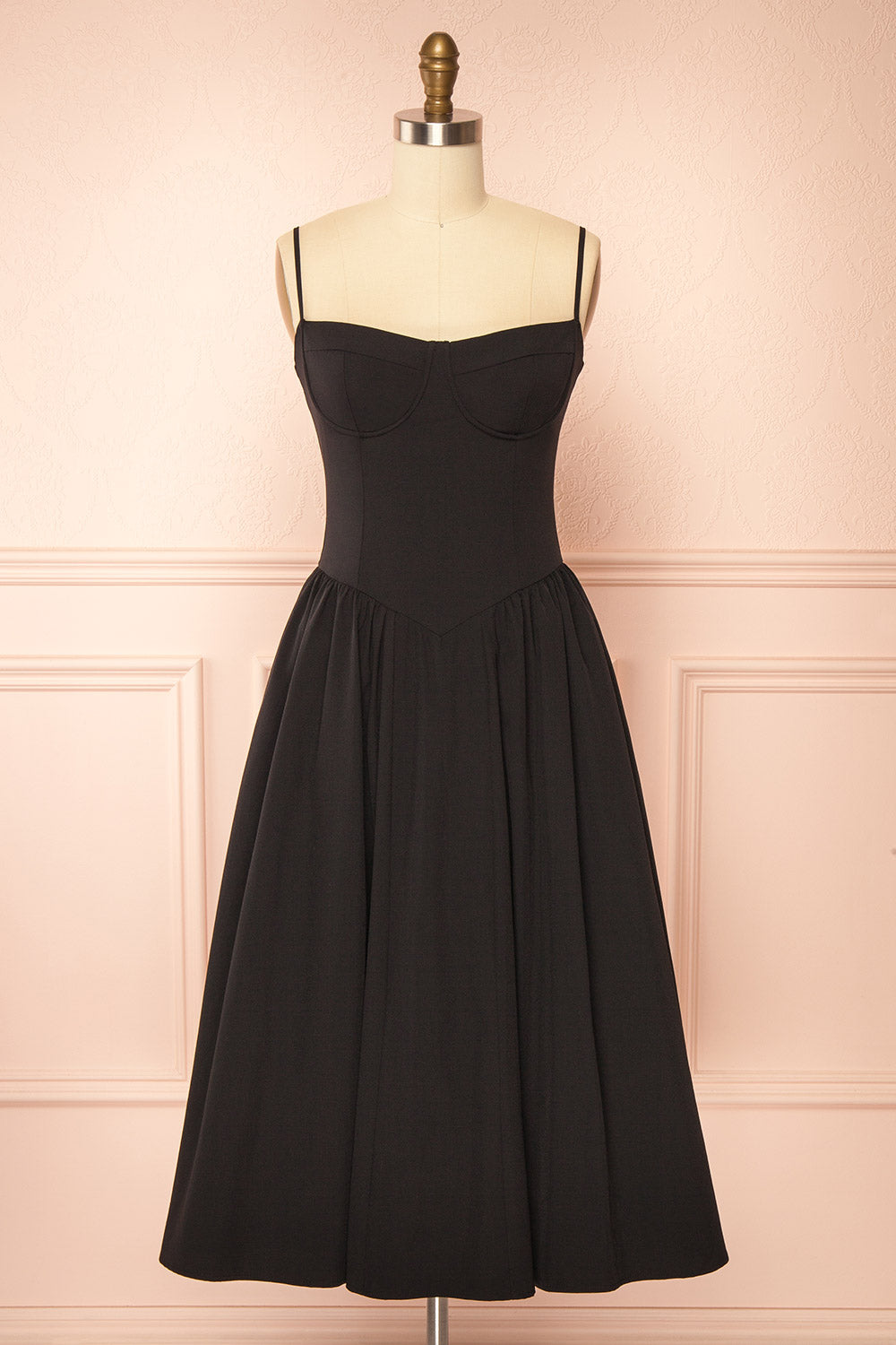 Rhonda Black Bustier Midi Dress with Flared Skirt | Boutique 1861 front view