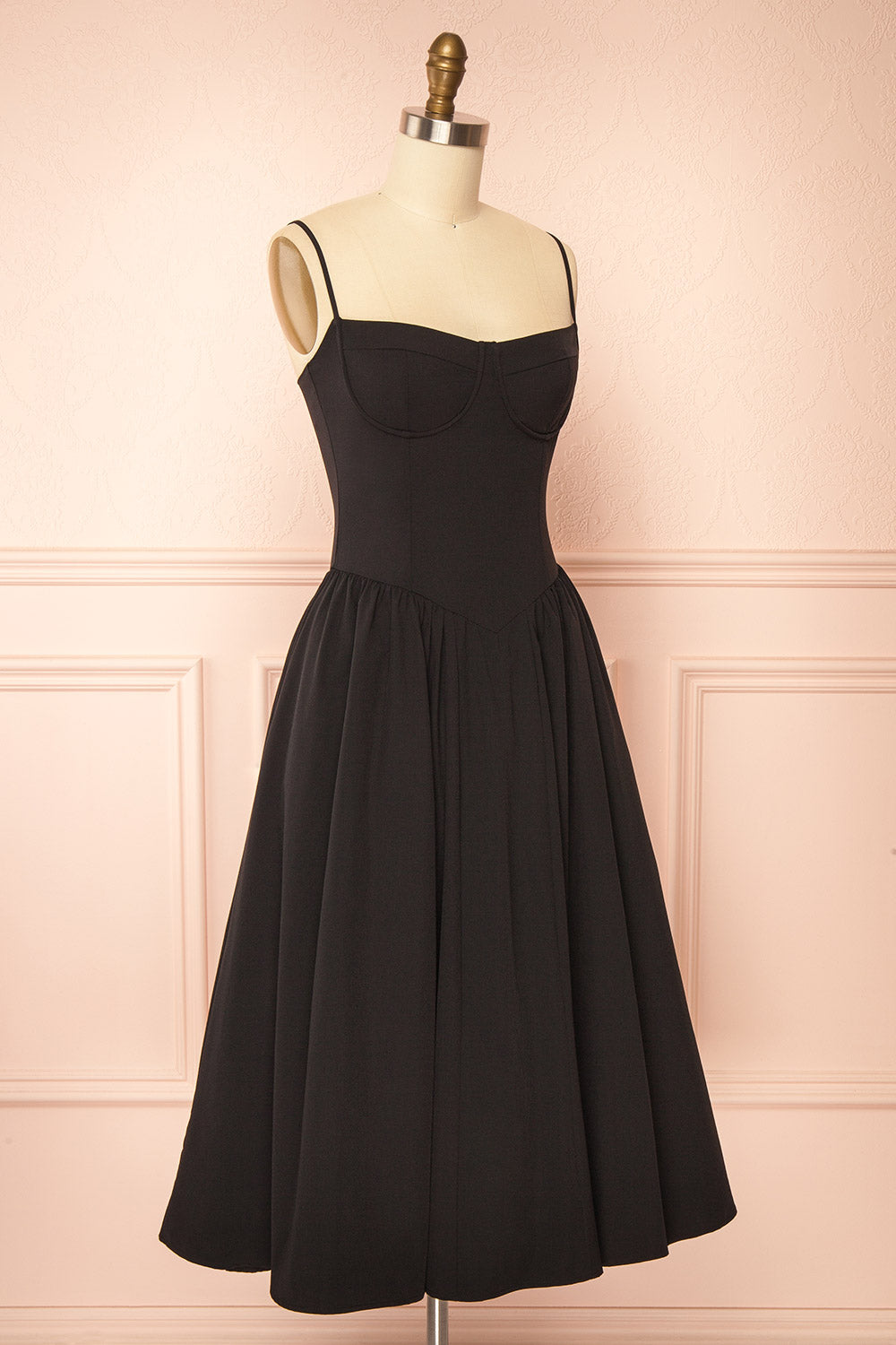Rhonda Black Bustier Midi Dress with Flared Skirt | Boutique 1861 side view