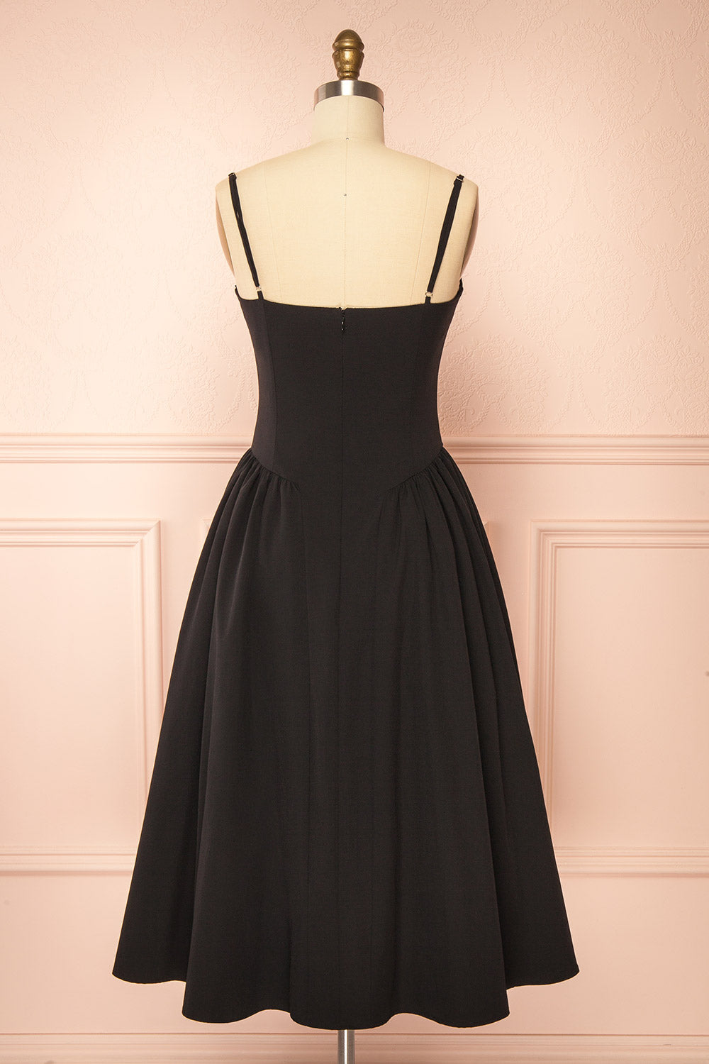 Rhonda Black Bustier Midi Dress with Flared Skirt | Boutique 1861 back view