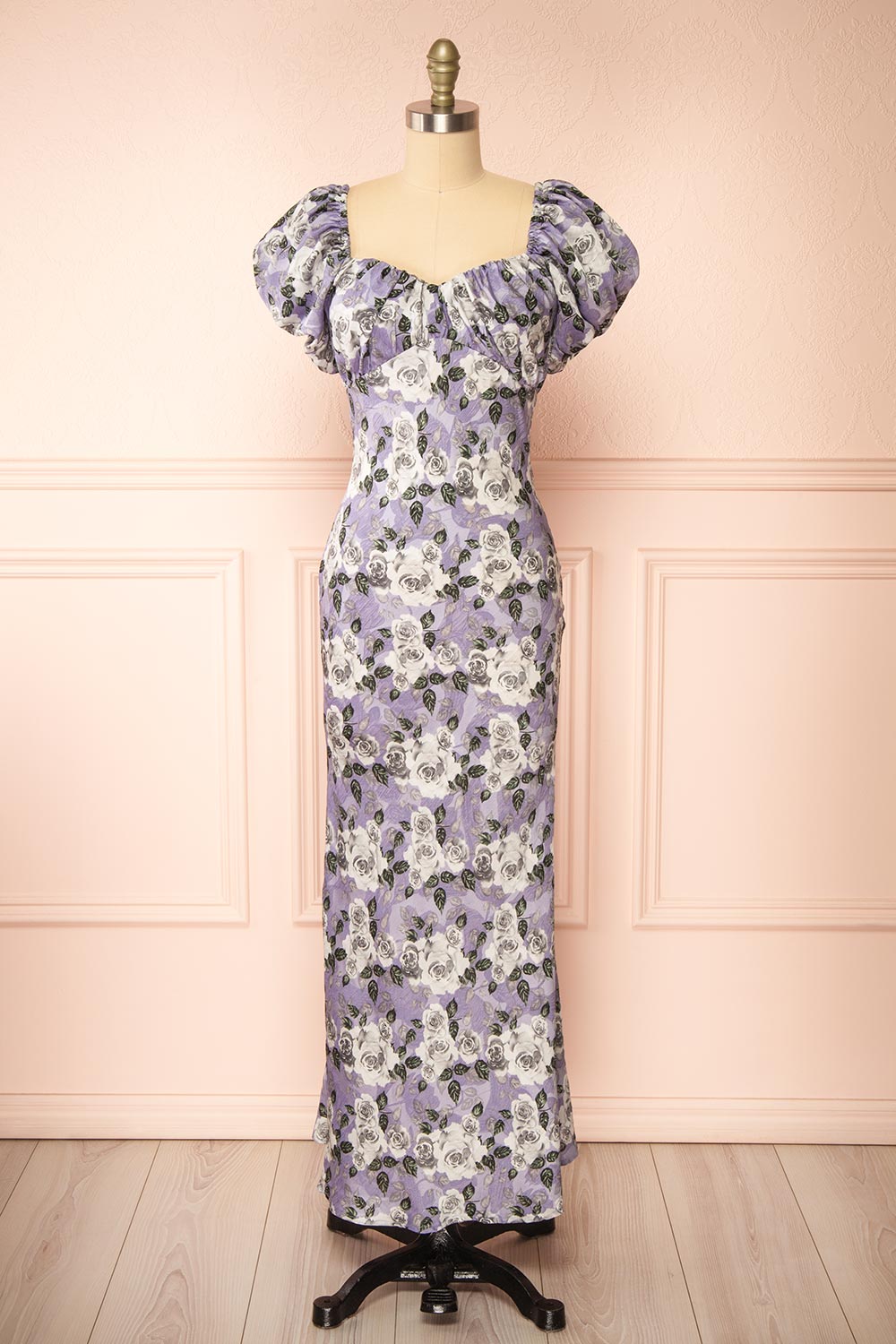 Rhosyn Lavender Floral Satin Maxi Dress | Boutique 1861 front view