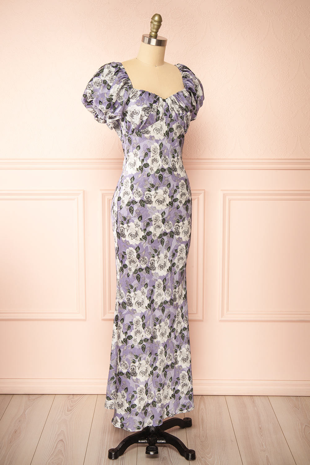 Rhosyn Lavender Floral Satin Maxi Dress | Boutique 1861 side view