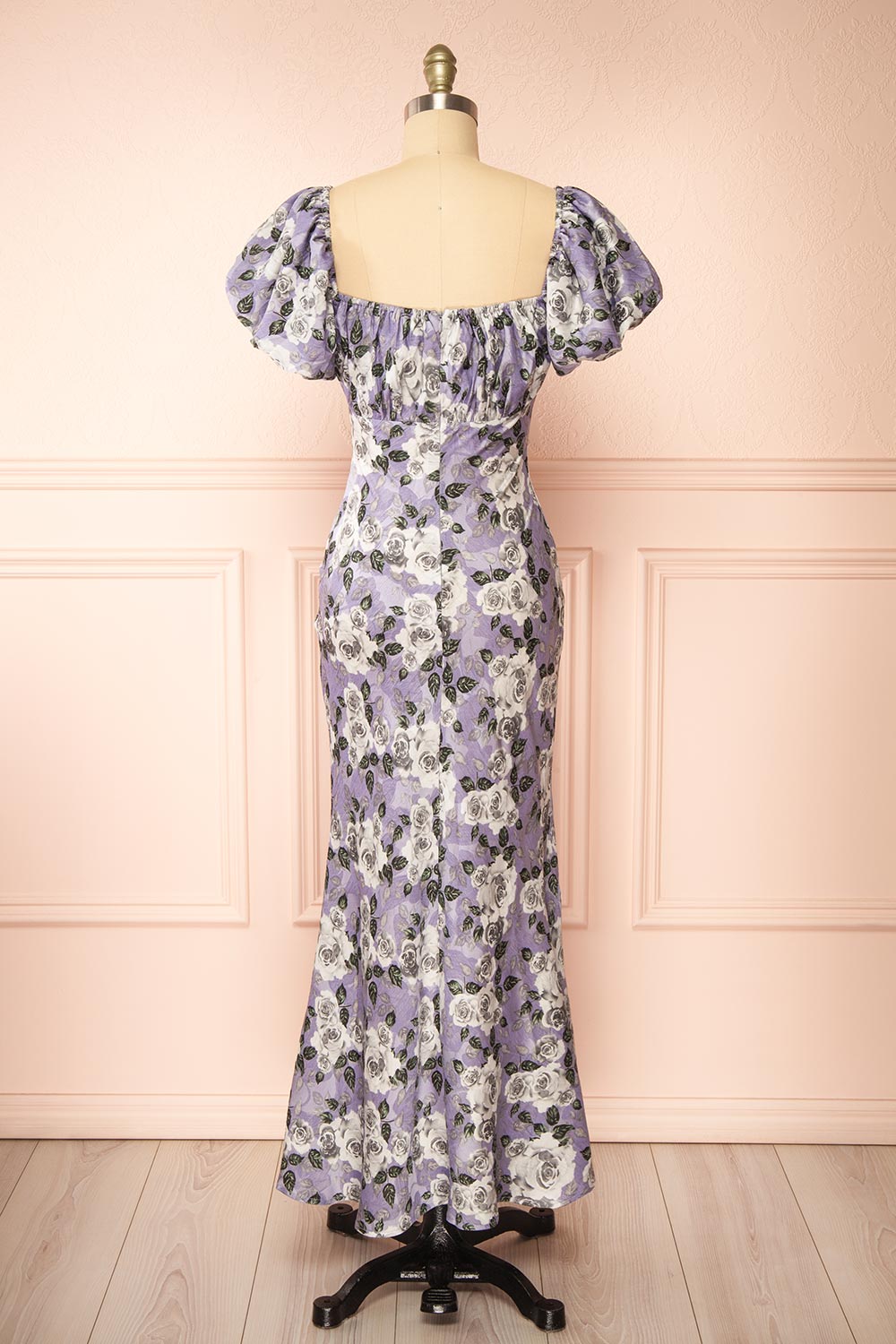 Rhosyn Lavender Floral Satin Maxi Dress | Boutique 1861 back view