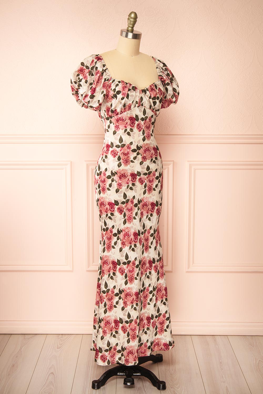 Rhosyn Pink Floral Satin Maxi Dress | Boutique 1861 side view