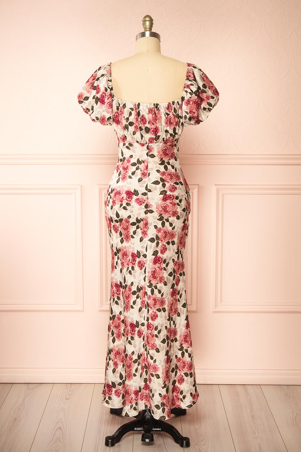 Rhosyn Pink Floral Satin Maxi Dress | Boutique 1861 back view