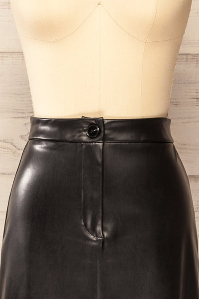 Rihanna Black Faux Leather Midi Pencil Skirt | La petite garçonne  front close-up