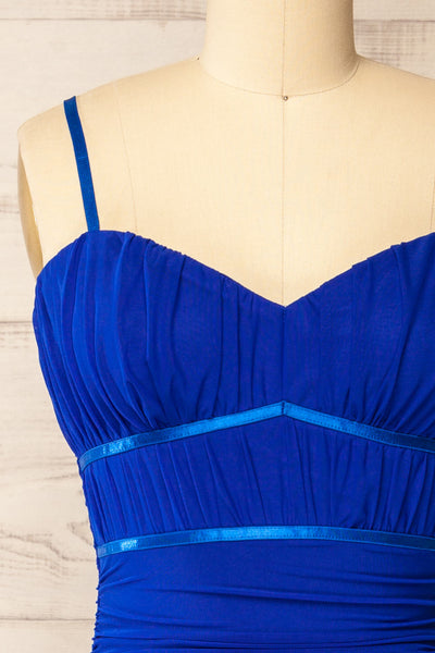 Rilievo Bleu Ruched Fitted Midi Dress | La petite garçonne  front