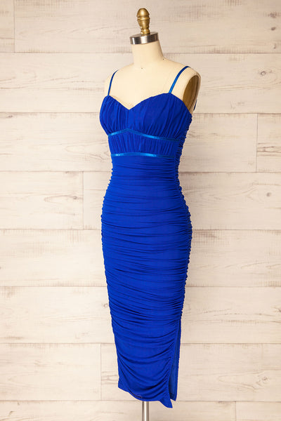 Rilievo Bleu Ruched Fitted Midi Dress | La petite garçonne  side view