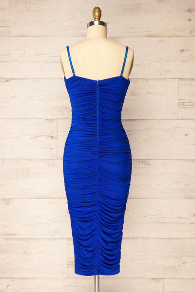 Rilievo Bleu Ruched Fitted Midi Dress | La petite garçonne back view