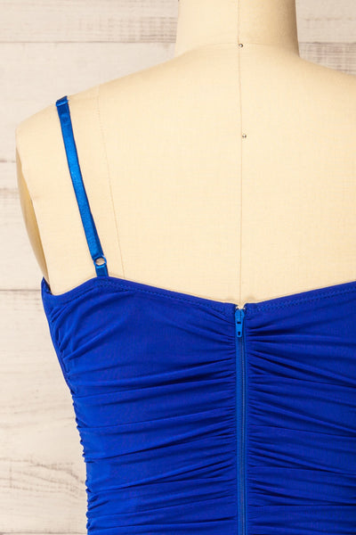 Rilievo Bleu Ruched Fitted Midi Dress | La petite garçonne  back