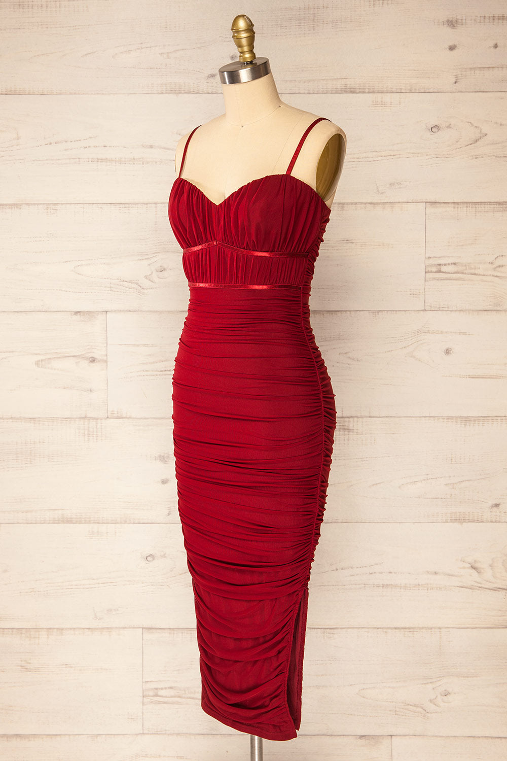 Rilievo Burgundy Ruched Fitted Midi Dress | La petite garçonne side view 