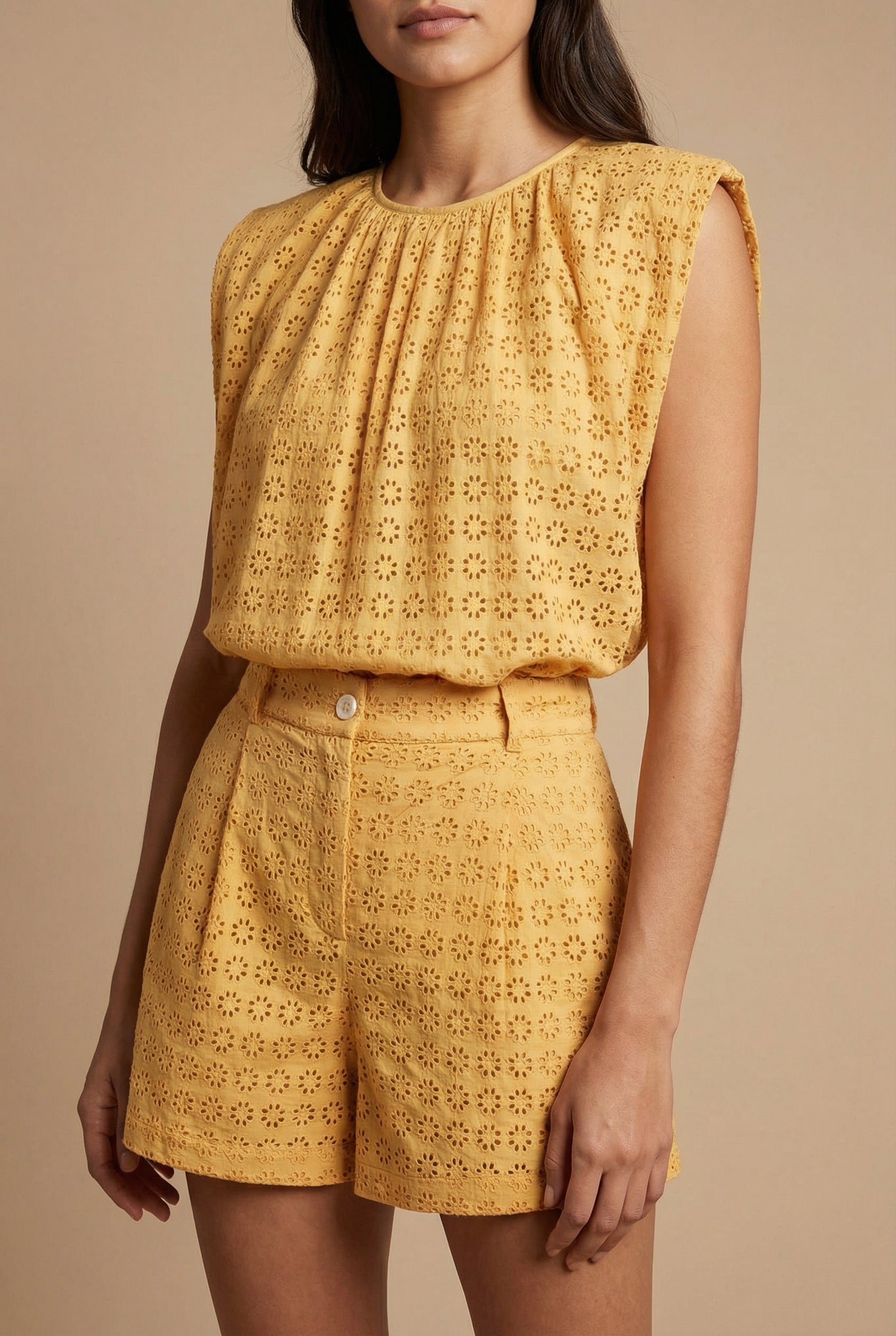 woman wearing Risborough Yellow | Boxy Top w/ Openwork Embroidery from Boutique 1861 
