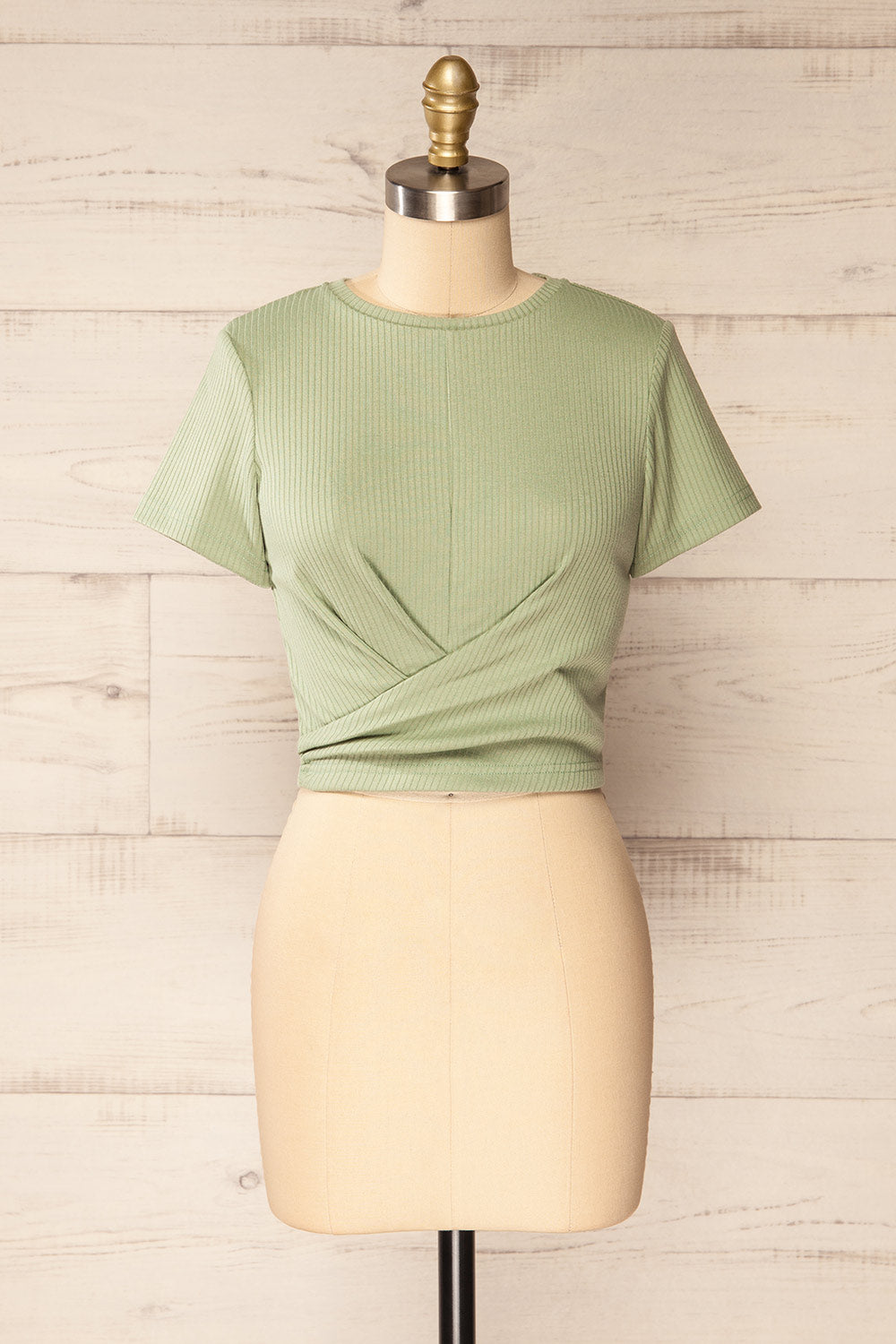 Roanne Sage Ribbed Cross Front Crop Top | La petite garçonne front view