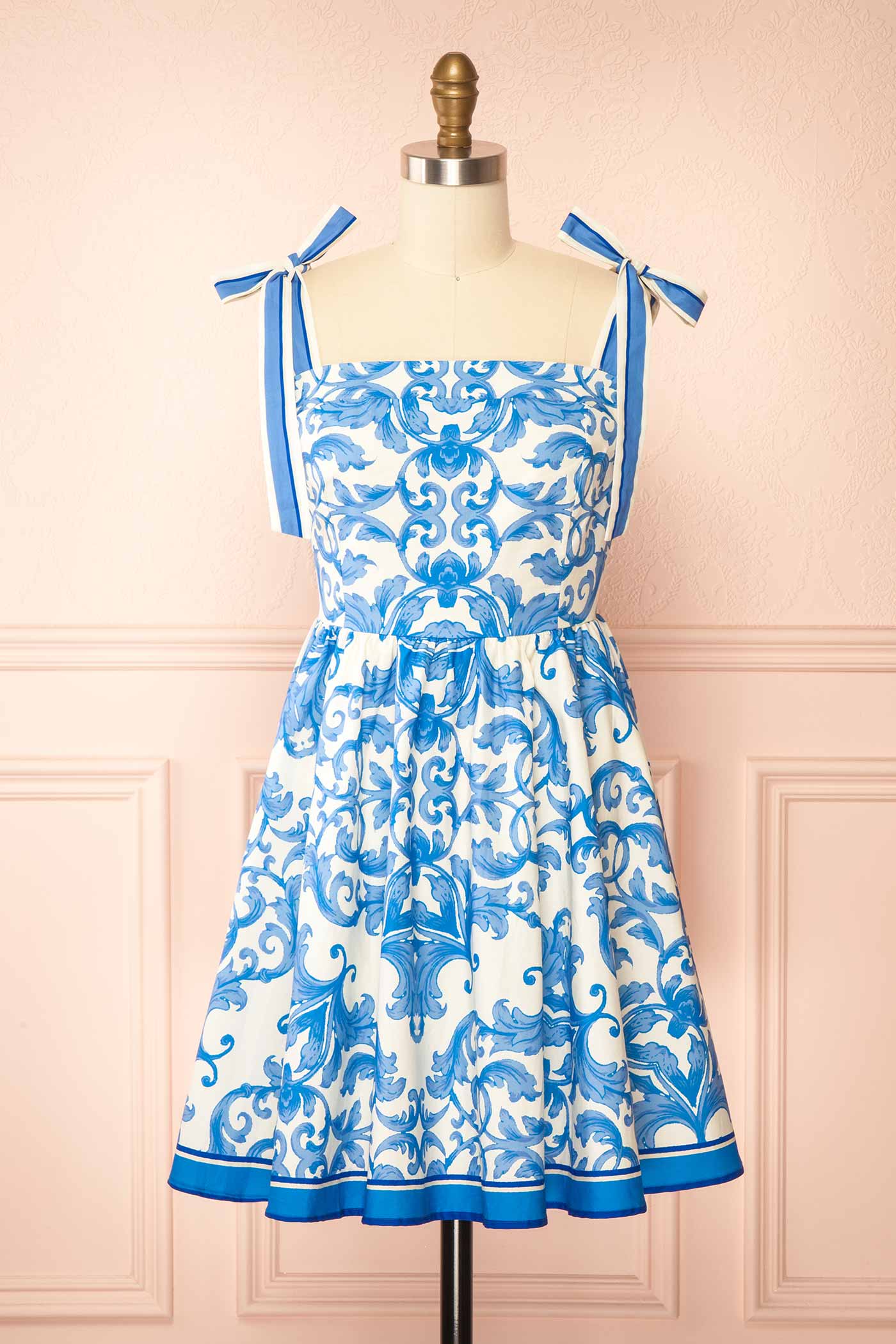 Front view of Roberta Blue and White Tile Print Tie-Strap A-Line Short Dress at la boutique 1861