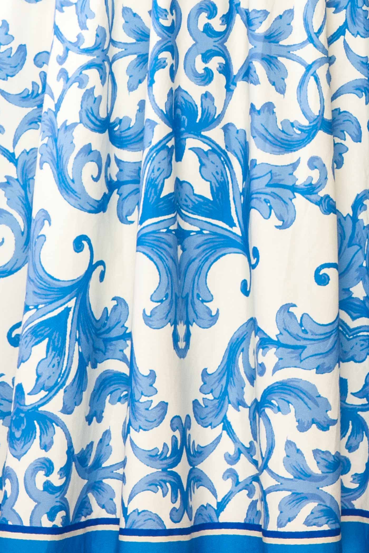 Close-up view of Roberta Blue and White Tile Print Tie-Strap A-Line Short Dress at la boutique 1861