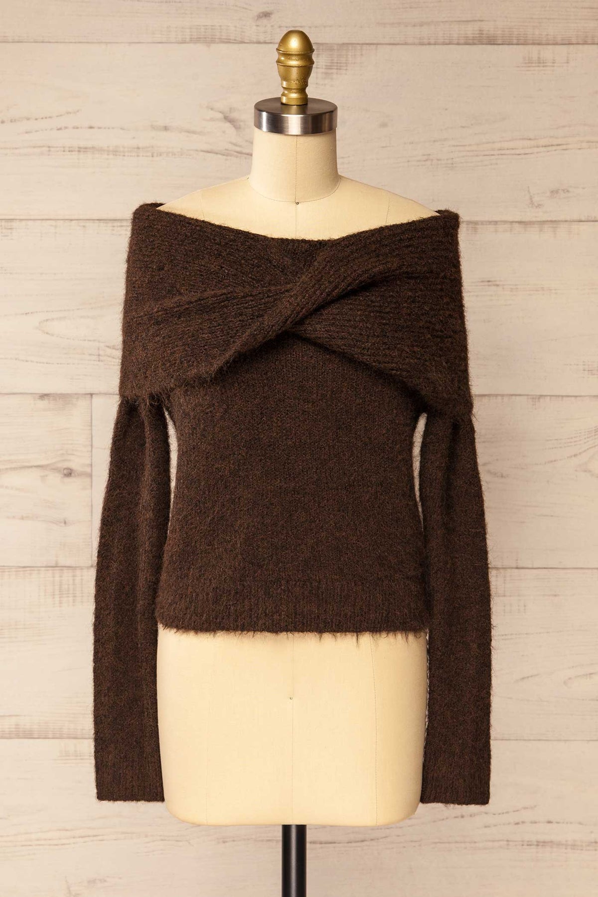 front view of Rocha Brown Off-the-Shoulder Knit Sweater at La petite garçonne