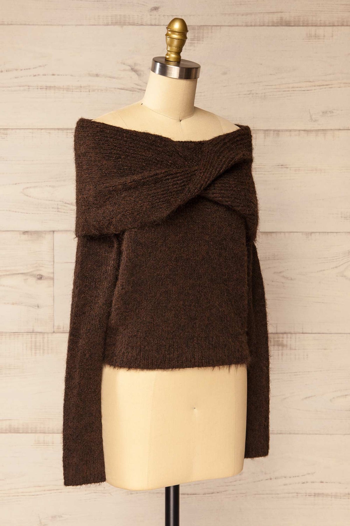 side view of Rocha Brown Off-the-Shoulder Knit Sweater at La petite garçonne