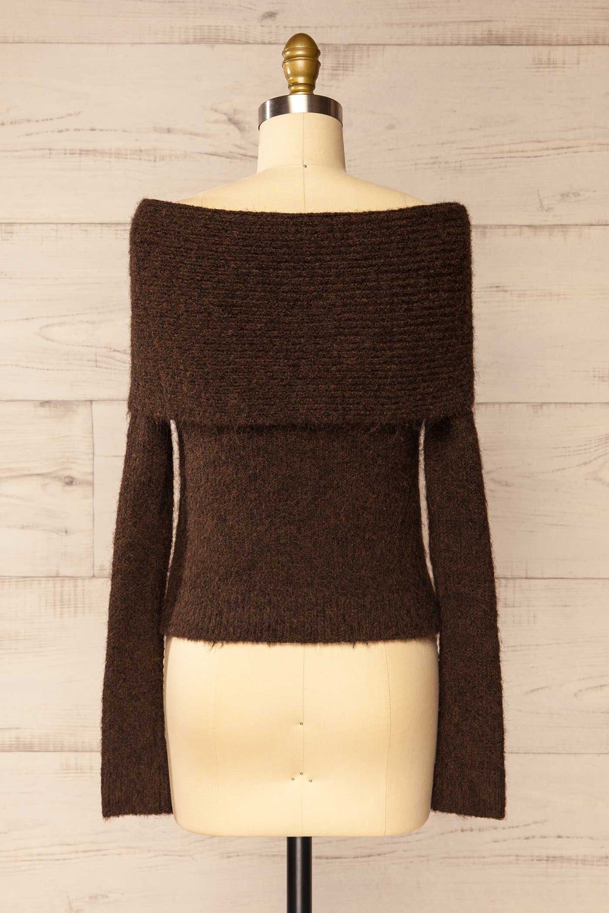 back view of Rocha Brown Off-the-Shoulder Knit Sweater at La petite garçonne