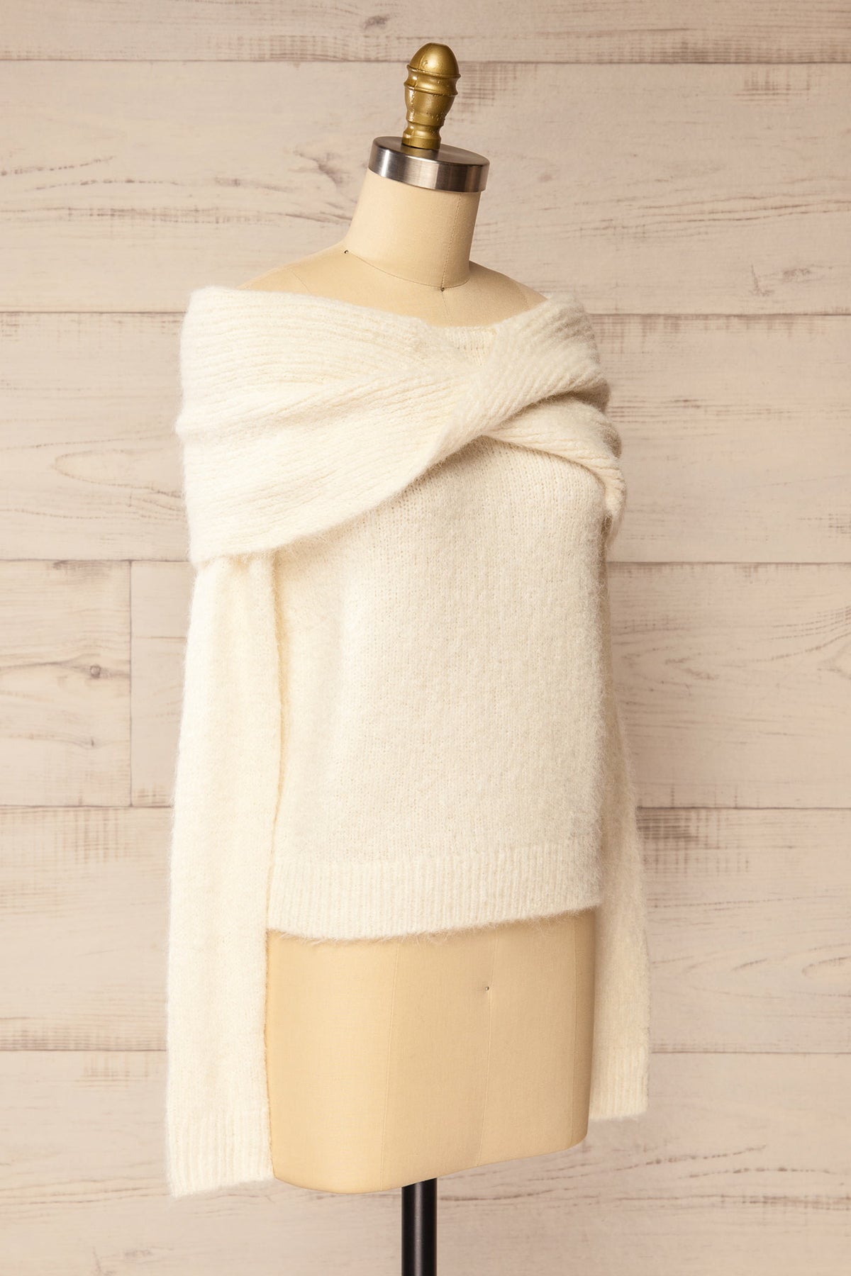 side view of  Rocha Ivory Off-the-Shoulder Knit Sweater at La petite garçonne