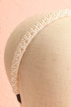 Rochelle White Satin Headband w/ Pearls | Boutique 1861 head close-up