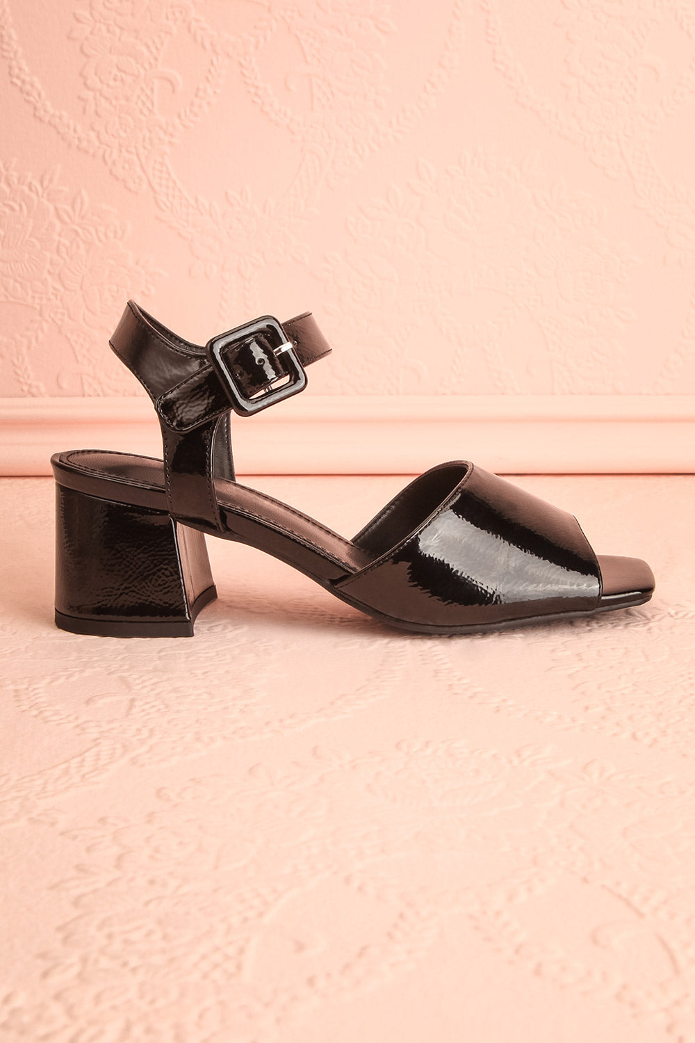 Rocita Black Glossy Heeled Sandals | Boutique 1861 side view