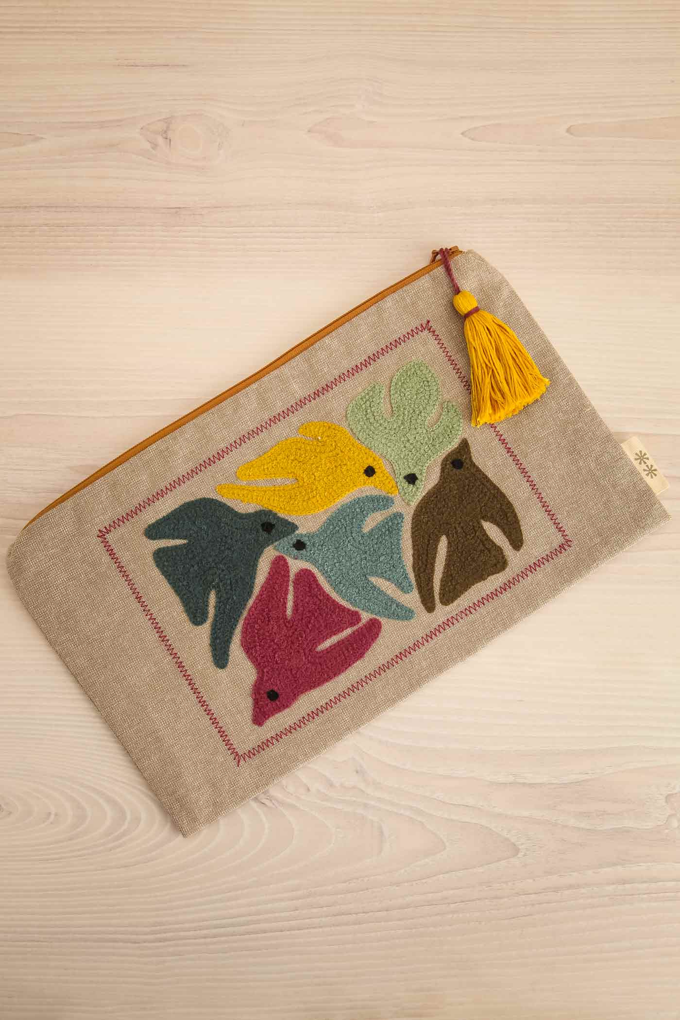 Roitelet Embroidered Taupe Pouch with Tassel | La petite garçonne view 