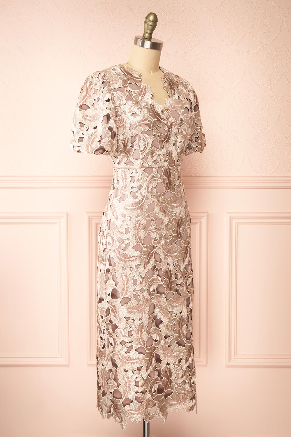 Rolande Midi Taupe Openwork Lace Dress | Boutique 1861 side view